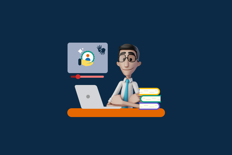 Ilustração de Hugo em uma mesa de trabalho. Ao seu lado, estão um notebook e uma pilha de livros.