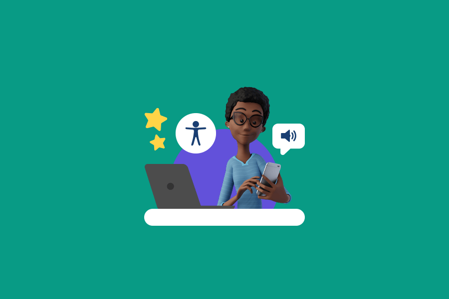 Ilustração da nossa tradutora virtual Maya, que está sentada em frente a uma mesa. Na mesa, um notebook com um símbolo da acessibilidade. Ela está segurando um celular, e o celular tem um balão de fala.