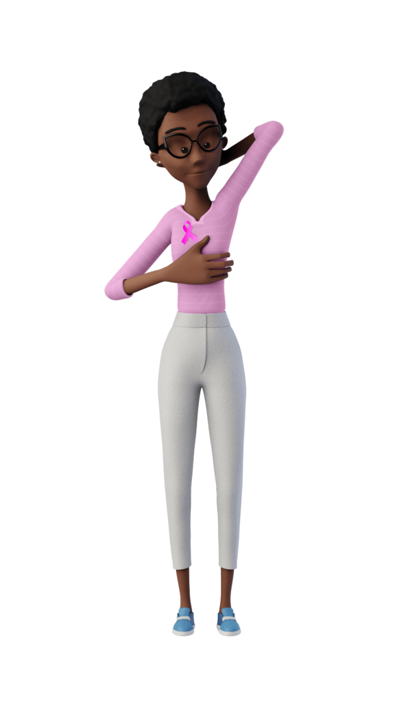 Nossa tradutora virtual Maya está de pé. Seu braço esquerdo está levantado e o braço direito está sobre seu seio esquerdo. Ela está representando um exame de toque. Maya usa blusa rosa, representando a conscientização contra o câncer de mama outubro rosa.