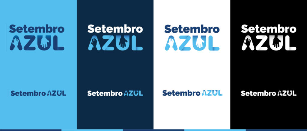 Quatro aplicações da identidade visual do Setembro Azul: no fundo azul claro, fundo azul escuro, fundo branco e fundo preto. 