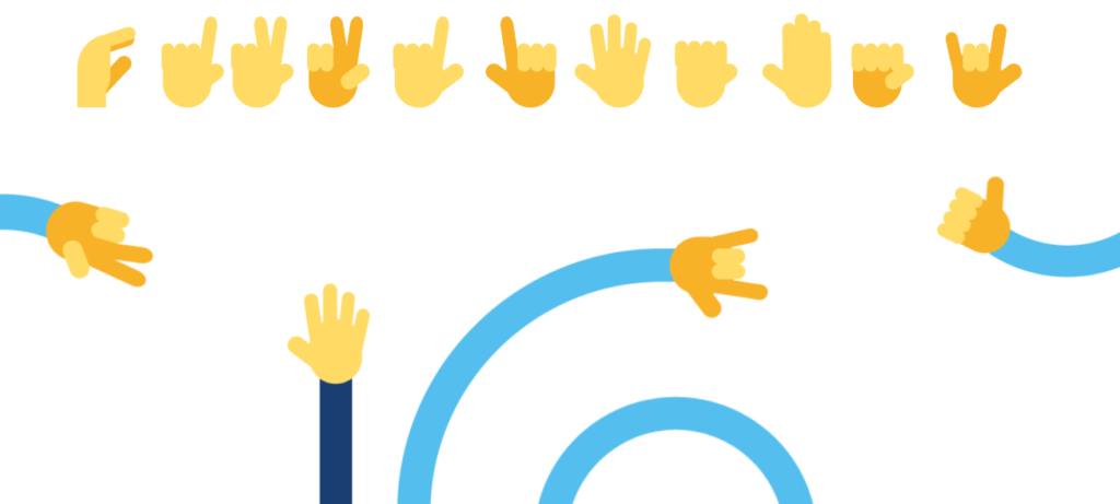 Ilustrações de mãos produzidas para a campanha de Setembro Azul da Hand Talk 2024. As mãos são da cor amarela, e os braços são das cores azul claro e azul escuro.