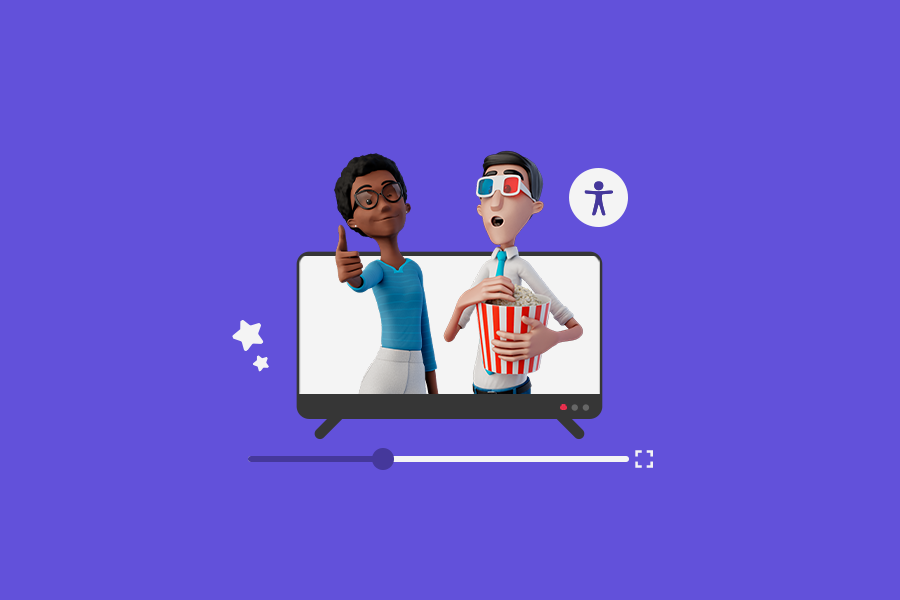 Nosso tradutor virtual Hugo aparecendo comendo pipoca e usando um óculos 3D. Ao seu lado, Maya está sorrindo. No fundo, uma televisão.