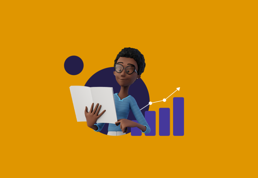 Fundo laranja. Maya aparece no primeiro plano segurando um tablet. Ao fundo dela, estão gráficos de cor roxa.