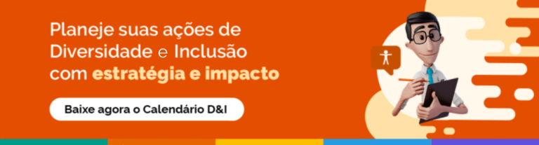 Fundo laranja. Hugo segura uma prancheta. Texto Planeje suas ações de Diversidade e Inclusão com Estratégia e Impacto. Baixe agora o Calendário D&I