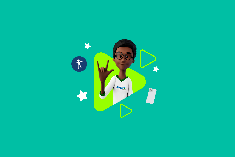 Fundo verde. Nossa tradutora virtual Maya está centralizada na tela, sorrindo e sinalizando abraço em Libras. Ao seu redor, triângulos verdes que fazem referência à marca da Algar Telecom, e uma ilustração de celular.