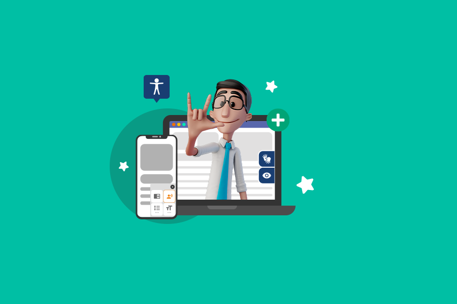 Fundo verde-claro. Nosso tradutor virtual Hugo está fazendo, com o braço direito, o sinal de "abraço" em Libras. Ele está dentro de uma ilustração de monitor, que demonstra como o nosso plugin funciona. Ao lado, a ilustração de um celular, que também demonstra o nosso plugin.