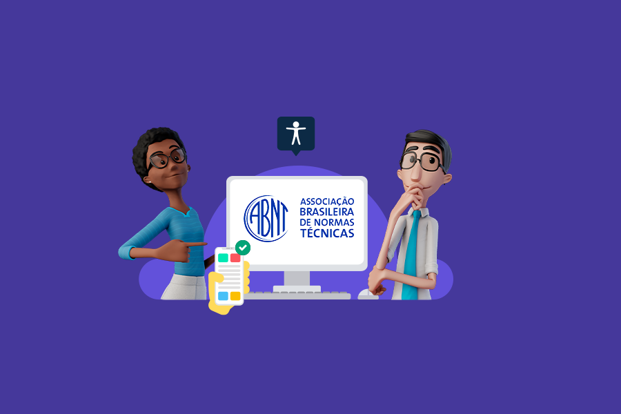 Fundo roxo. Nossos tradutores virtuais Hugo e Maya estão pensativos. Entre eles, um monitor de computador com o logo da ABNT.