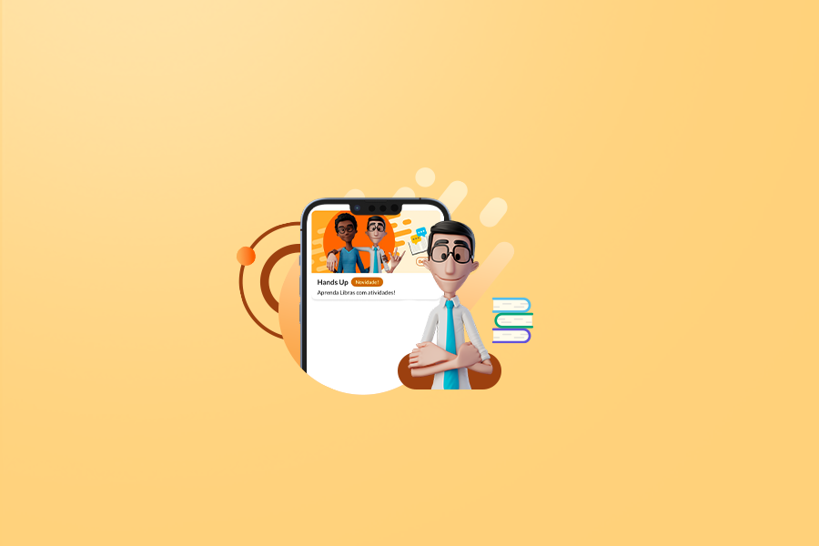 Fundo laranja claro. Nosso tradutor virtual Hugo aparece sorrindo. Ao seu lado, um celular com a tela do Hands Up.