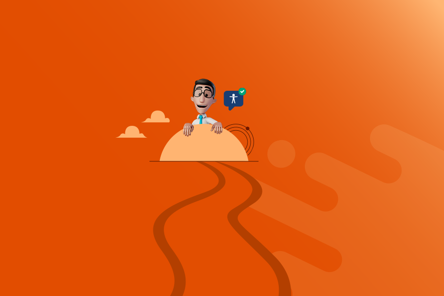 Fundo laranja. A ilustração de um caminho no chão vai até o meio da imagem, onde está um sol. Em cima do sol, nosso tradutor virtual Hugo está apoiado, com o símbolo da acessibilidade ao lado.