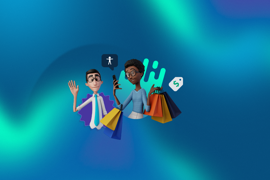 Fundo azul e verde. Nossos tradutores virtuais Hugo e Maya estão sorrindo. Maya está vendo o celular enquanto segura sacolas de compras.