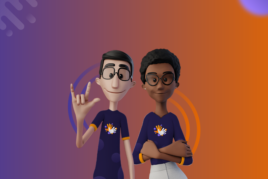 Fundo de cores roxo e laranja. Nossos tradutores virtuais Hugo e Maya estão no centro da imagem, sorrindo.