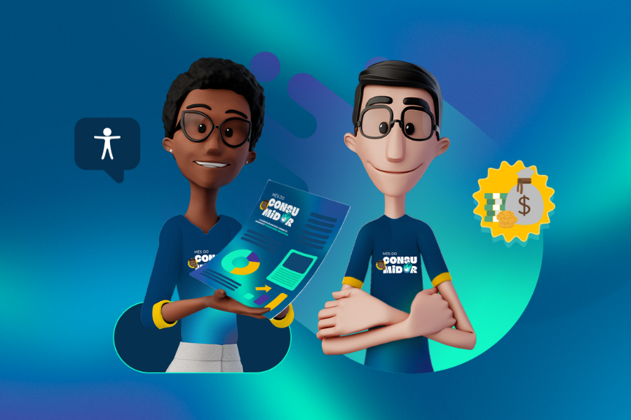 Nossos tradutores virtuais Hugo e Maya estão segurando o infográfico. Ao redor deles, ilustrações que remetem ao consumo, como uma etiqueta.
