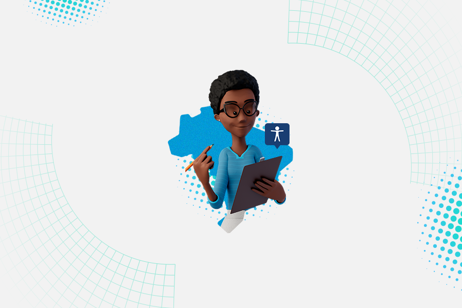 Fundo claro. No centro, nossa tradutora virtual Maya está segurando uma prancheta. Atrás dela, a silhueta do Brasil.