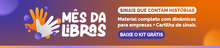 Fundo roxo e laranja. O símbolo do Mês da Libras aparece do lado esquerdo (duas mãos nas cores branca e laranja). Do lado direito, o texto aparece em destaque, na cor branca "Sinais que contam Histórias. Material completo com dinâmicas para empresas + Cartilha de Sinais. Baixe o kit grátis".