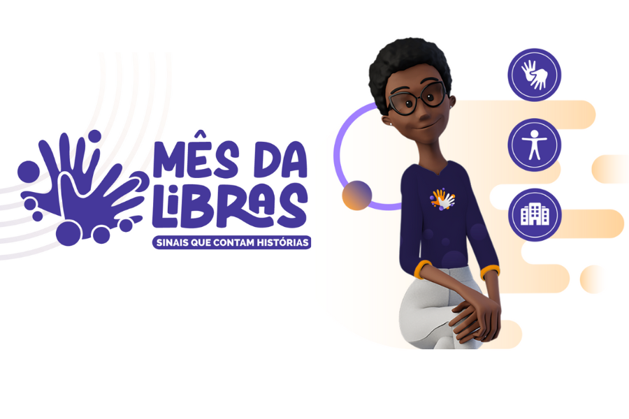 Fundo branco. O logo da campanha "Mês da Libras: Sinais que contam Histórias" aparece do lado esquerdo, na cor roxa. Nossa tradutora virtual Maya está sentada do lado direito, com algumas ilustrações ao seu redor, que remetem acessibilidade e Libras.