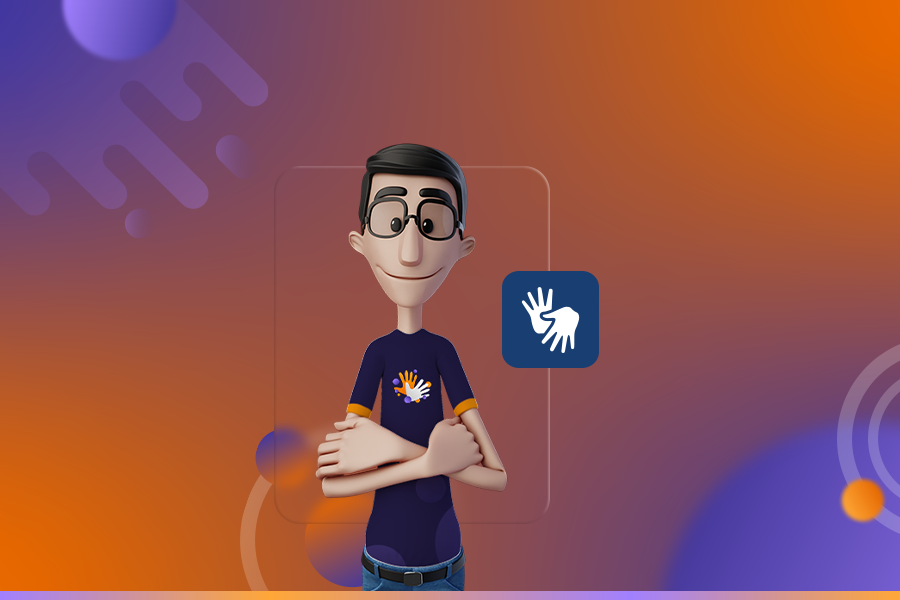 Fundo laranja e roxo,. Nosso tradutor virtual Hugo está no centro, com a roupa do Mês da Libras (camiseta roxa com uma mão nas cores branca e laranja). Ao seu lado, o símbolo da Libras aparece em um balão.