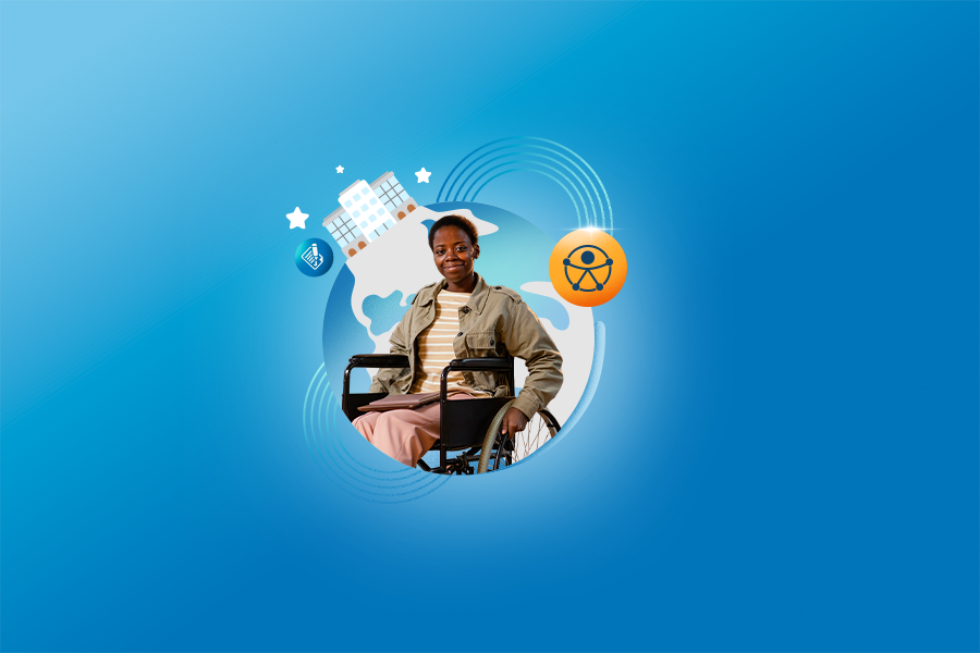 Fundo azul claro. Uma mulher sentada em uma cadeira de rodas está no centro da imagem, sorrindo. Ela veste roupas beges e carrega um notebook no colo. Ela está dentro de um planeta, e ao redor dele, ilustrações com o símbolo da acessibilidade e prédios.