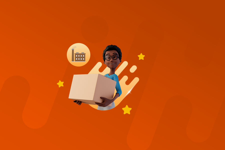 Fundo laranja. Nossa tradutora virtual Maya está sorrindo e segurando uma caixa. Ao lado, um ícone com uma ilustração de fábrica: prédio com chaminé.