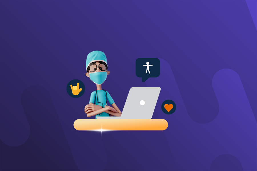 Fundo Roxo. Nosso tradutor virtual Hugo está no centro da imagem, de braços cruzados, com roupas de saúde (máscara, protetor no cabelo e pijamas). Está em frente a um computador.