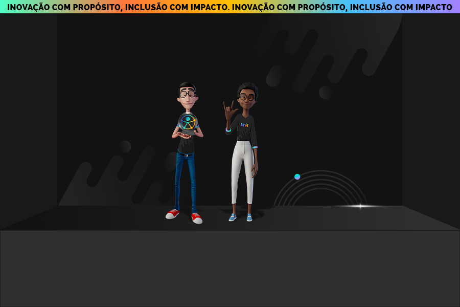 Fundo escuro. No centro, nossos tradutores virtuais Hugo e Maya aparecem no centro do palco do Link.