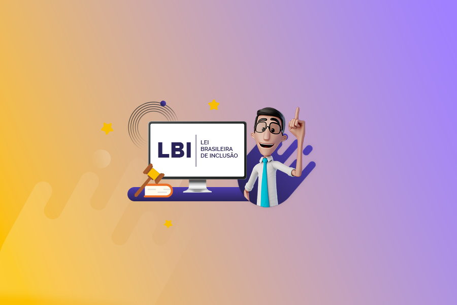 Nosso tradutor virtual Hugo está ao lado de uma tela de computador. Na tela, o texto LBI: Lei Brasileira de Inclusão.