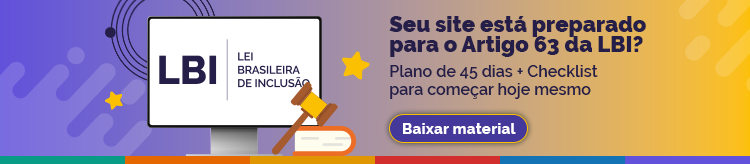 Fundo laranja e roxo. Ilustração de monitor de computador com tela "LBI: Lei Brasileira de Inclusão". Ao lado, texto em roxo: "Seu site está preparado para o Artigo 63 da LBI? Plano de 45 dias + Checklist para começar hoje mesmo. Baixar material".