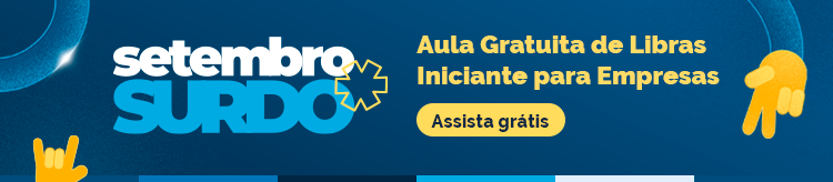 Fundo azul. Do lado esquerdo, nas cores branca e azul, o logo Setembro Surdo. Do lado direito, na cor amarela, o texto Aula Gratuita de Libras Iniciante para Empresas