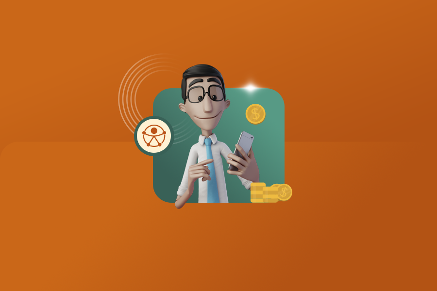 Fundo laranja. Nosso tradutor virtual Hugo está no centro da imagem, segurando um celular. Ícones de moedas estão ao redor dele.