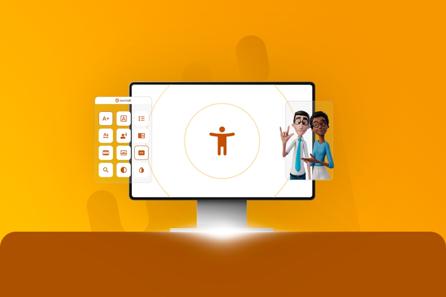 Fundo laranja. No centro da imagem, um monitor com o Hand Talk Plugin na tela. Ao lado, nossos tradutores virtuais Hugo e Maya sorriem.