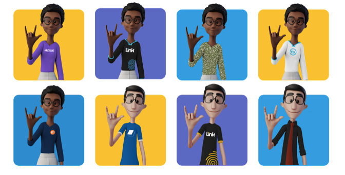 Imagem que possui oito versões dos nossos tradutores virtuais Hugo e Maya. Cada um utiliza a roupa com o logo de uma marca diferente.