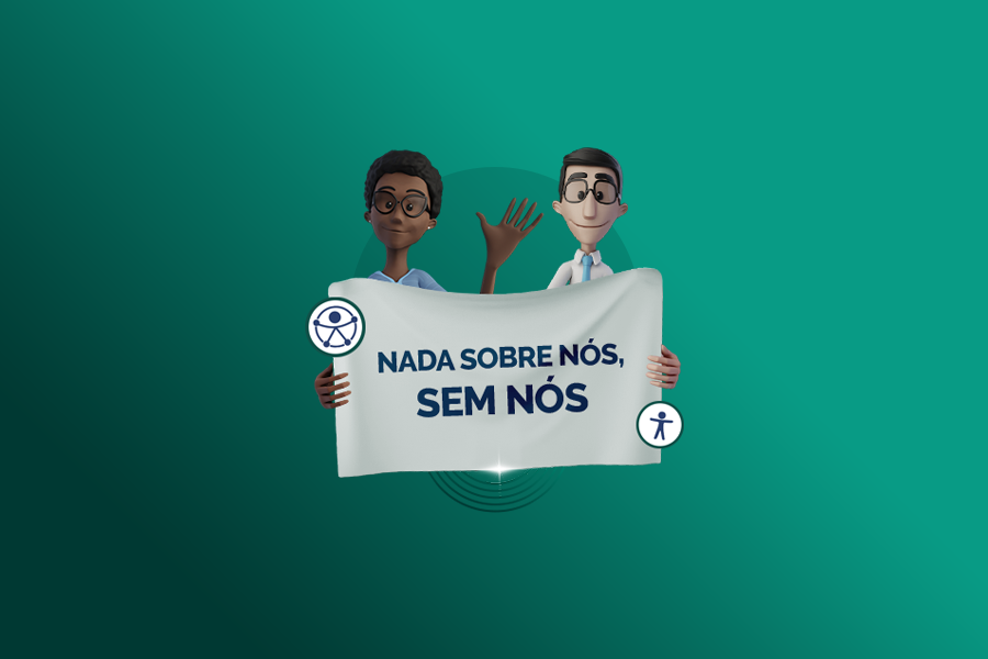 Fundo verde. Hugo e Maya seguram faixa, escrito: "Nada sobre nós, sem nós".