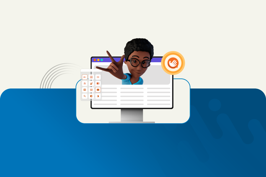 Fundo branco e azul. Maya está com a mão erguida, enquanto sai de uma tela de monitor.
