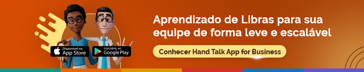 Fundo laranja. Hugo e Maya estão sorrindo. Texto Aprendizado de Libras para sua equipe de forma leve e escalável. Conhecer Hand Talk App for Business. Embaixo, selos das lojas de aplicativo da Apple e do Google.