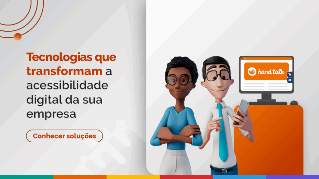 Hugo e Maya sorriem. Ao lado deles, uma tela de computador com logo da Hand Talk.