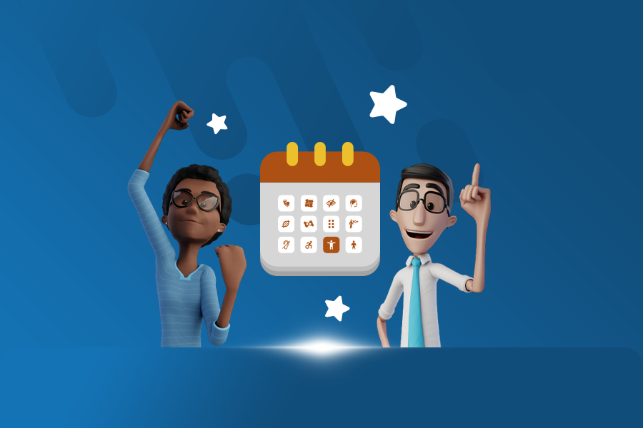 Fundo azul. Hugo e Maya estão em pose de comemoração. Entre eles, a ilustração de um calendário.
