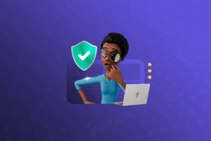Fundo azul arroxeado. Nossa tradutora virtual Maya está no centro da imagem, segurando uma lupa. Na sua frente, um notebook aberto.
