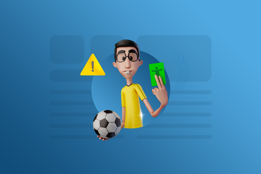 Fundo azul. Nosso tradutor virtual Hugo está no centro, com uma camiseta amarela. Segura um cartão verde e tem um apito na boca.