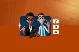 Fundo laranja. Hugo e Maya estão no centro da imagem, sorrindo