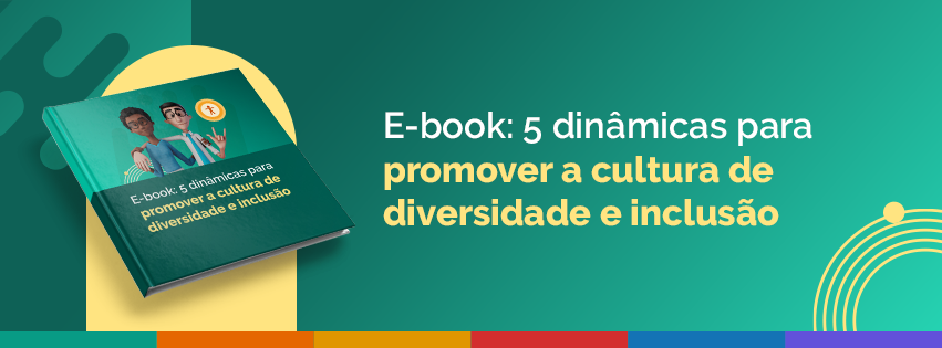 Banner com fundo verde com ilustração de e-book. Texto diz  E-book 5 dinâmicas para promover a diversidade e inclusão.