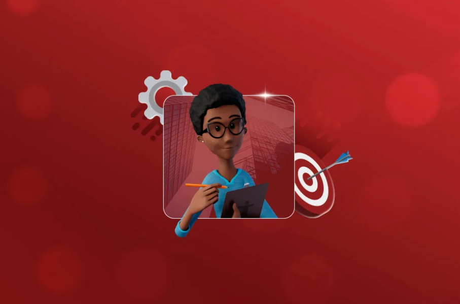 Fundo vermelho. Maya está no centro, segurando uma prancheta.