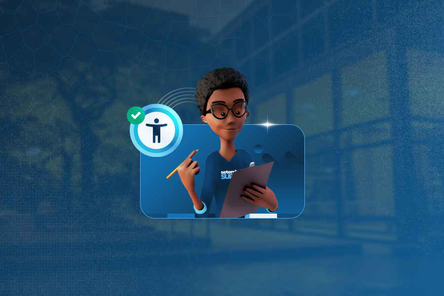 Fundo azul, com fotografia de empresa. No centro, nossa tradutora virtual Maya segura uma prancheta.