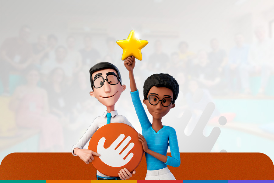 Fundo claro. Nosso tradutor virtual Hugo segura o logo da Hand Talk. Maya segura uma estrela. Ambos sorriem.