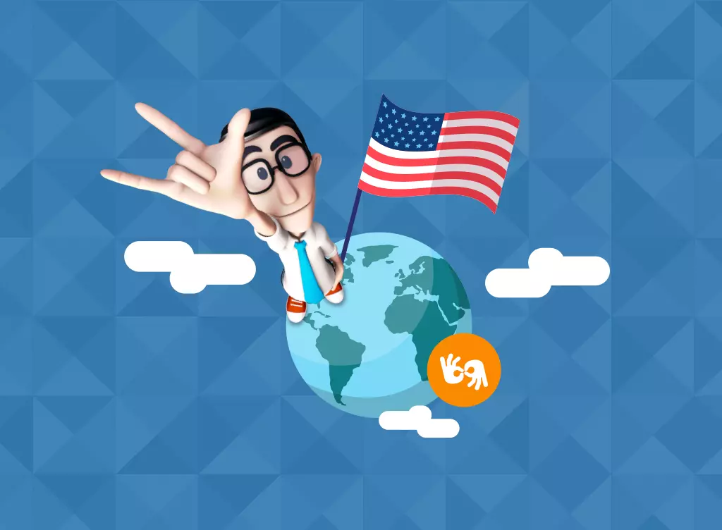 Blue background. On the center there is an illustration of the world. Hugo is on top of it with his arm up signaling 'I love you' in ASL. He is beside a flag from the USA. On the right side of the world, there is a Sign Language symbol.