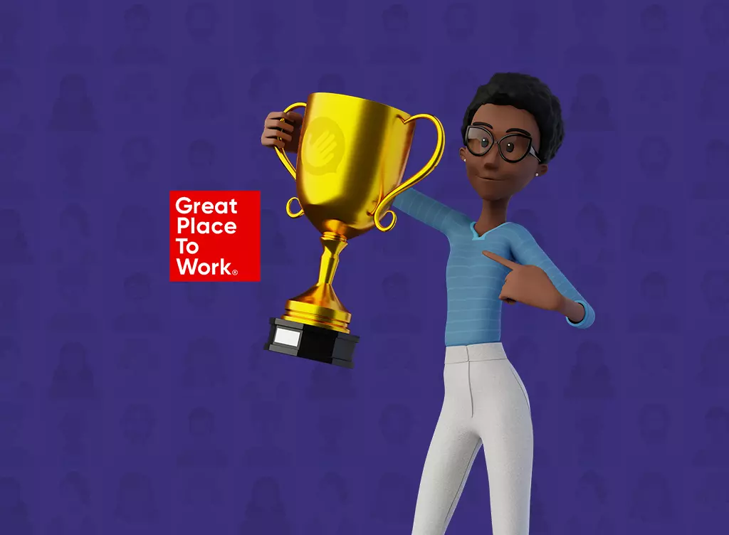 Purple background. Maya is standing in the middle holding a big golden trophy and pointing at it with her other hand. On her right side, the Great Place to Work logo.