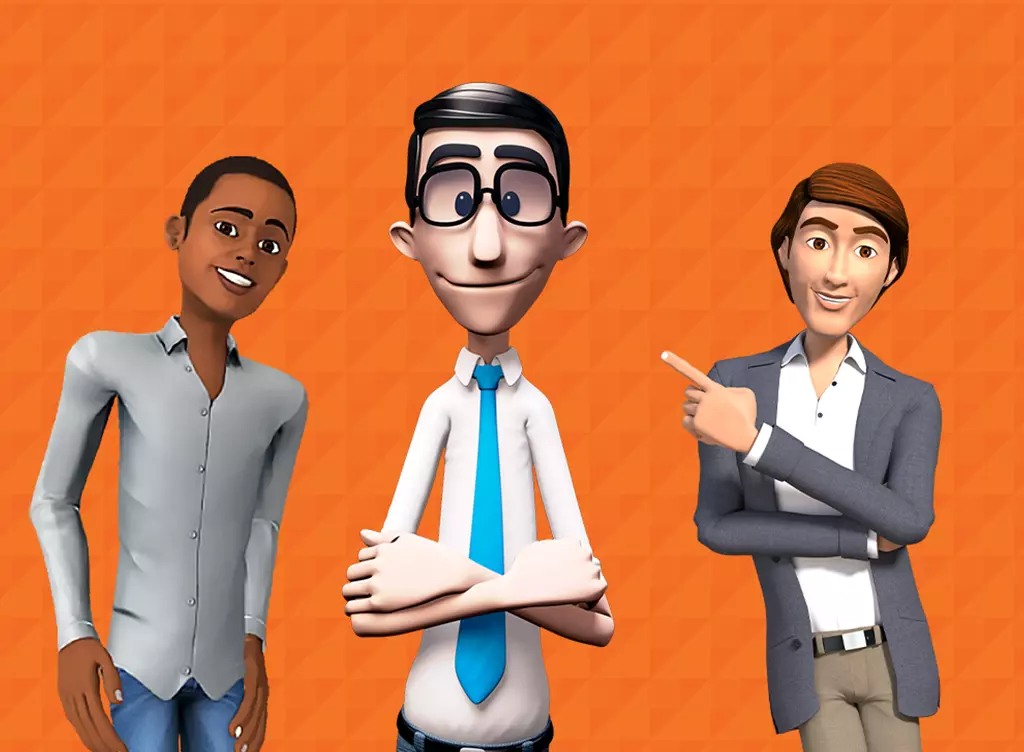 Orange background. Hugo is standing in the middle with his arms crossed. On both his sides, there are the virtual translators used by ProDeaf, smiling and pointing at Hugo.