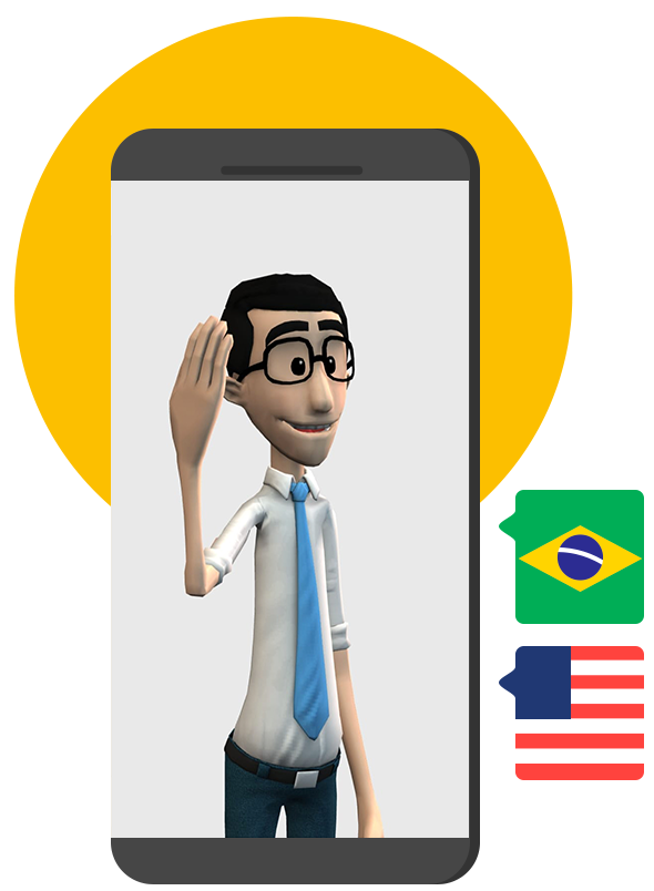 Illustration of a gray smartphone with Hugo signalign on its white screen, in front of a yellow circle. On the right, the flags of Brazil and USA pointing towards Hugo.