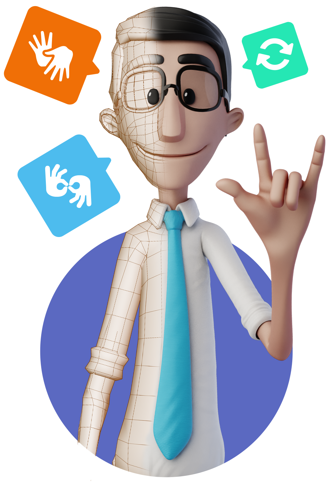 White background. Hugo is standing in the middle with his hands signaling 'I love you' in ASL. He is wearing a white shirt with a blue tie and black square glasses. Around his head there are talking balloons with different accessibility symbols. The left part of his body is covered in lines, to illustrate the design process of his avatar.
