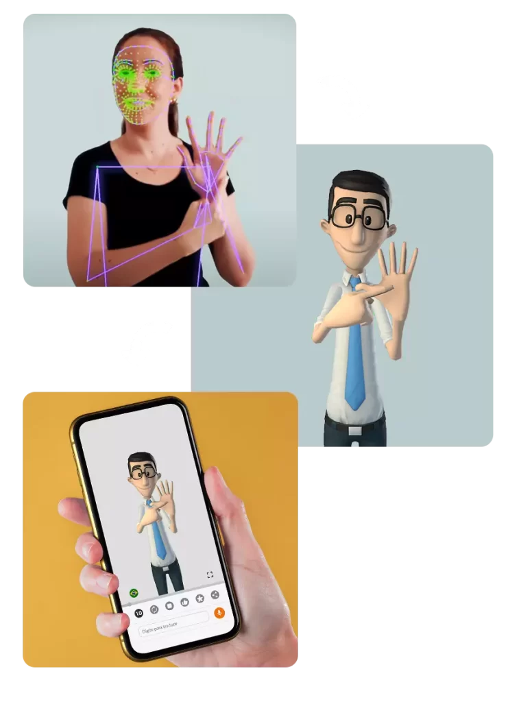 Sequence of pictures illustrating the translation process. It begins on the top left with the picture of a Sign Language Interpreter signaling and a movement recognition system scaning her. On the right there is an arrow poiting to the next picture below. It is an image of Hugo signaling the same sign as the interpreter. On the left there is an arrow pointing to the next picture below. It is a picture of a hand holding a smartphone with the Hand Talk App openned on the screen. Hugo is signaling.