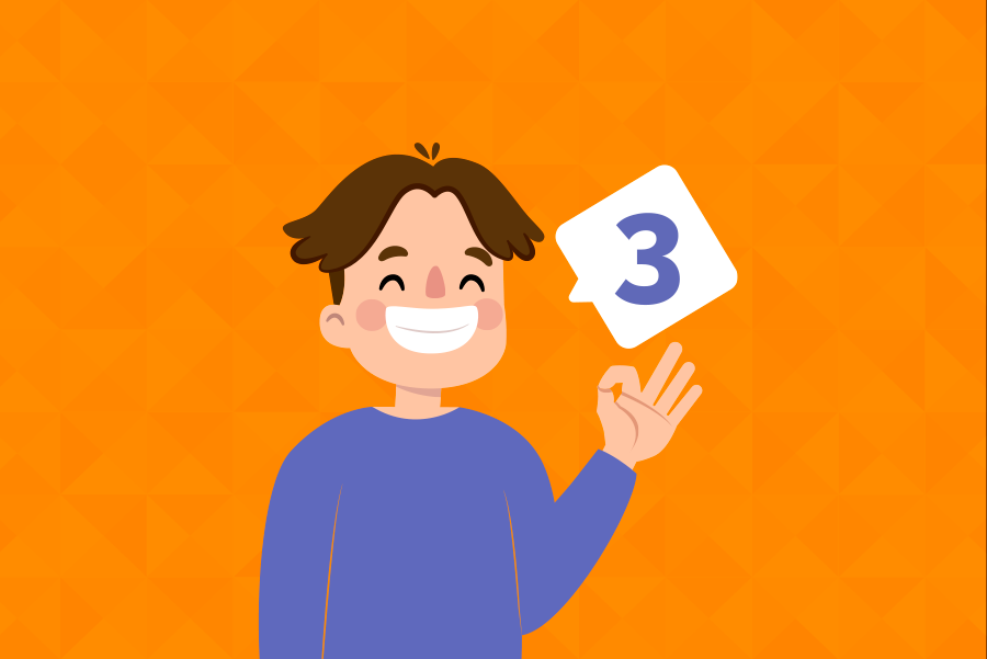 Orange background. On the center, the illustration of a white boy with a purple shirt, smiling, with a talking balloon with the number 3.