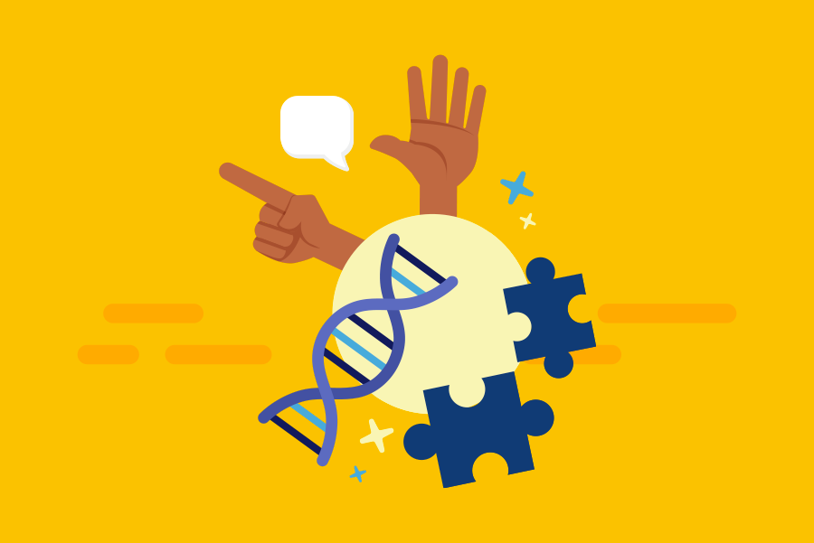 Yellow background. On the center a white circle. Around it, the illustration of an open hand, a hand poiting its index finger, a talking balloon, puzzle pieces and a DNA.
